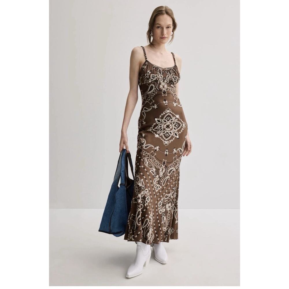 Sandro Brown Bandana Print Midi Dress Size 40 with fabric pull